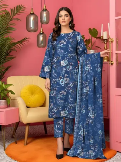3 Pcs Women's Unstitched Printed Lawn Suit Blue