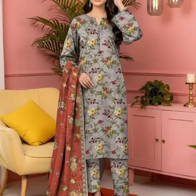 3 Pcs Women's Unstitched Printed Lawn Suit Grey