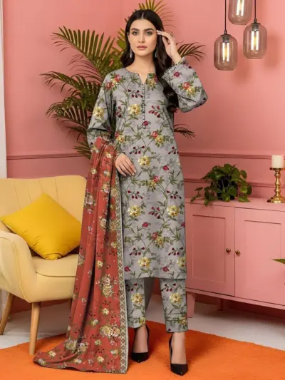 3 Pcs Women's Unstitched Printed Lawn Suit Grey