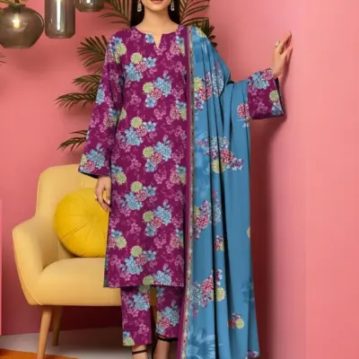 3 Pcs Women's Unstitched Printed Lawn Suit Pink