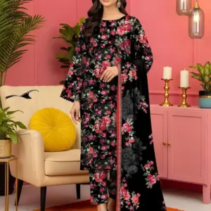3 Pcs Women’s Unstitched Printed Lawn Suit – Black