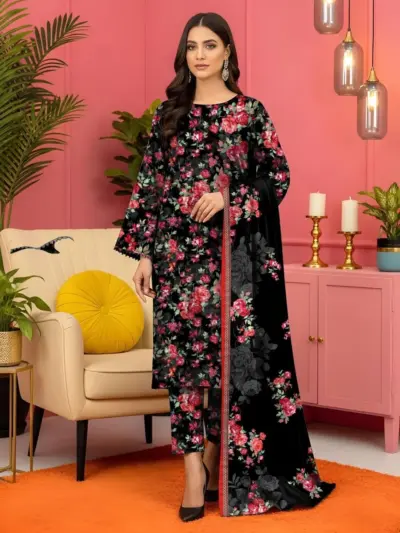 3 Pcs Women’s Unstitched Printed Lawn Suit – Black