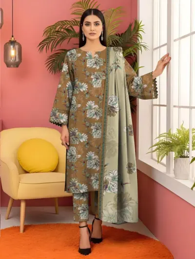 3 Pcs Women’s Unstitched Printed Lawn Suit – Brown