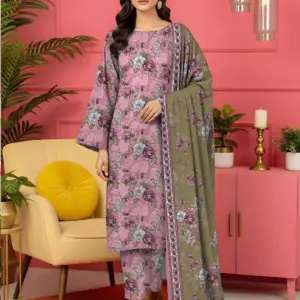 3 Pcs Women’s Unstitched Printed Lawn Suit – Pink