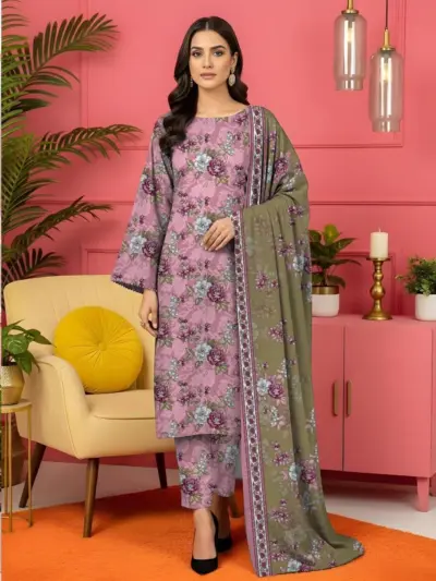 3 Pcs Women’s Unstitched Printed Lawn Suit – Pink