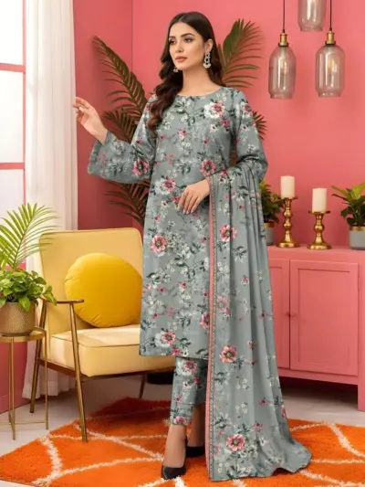 3 Pcs Women’s Unstitched Grey Printed Lawn Suit with Dupatta