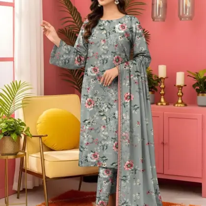 3 Pcs Women’s Unstitched Grey Printed Lawn Suit with Dupatta