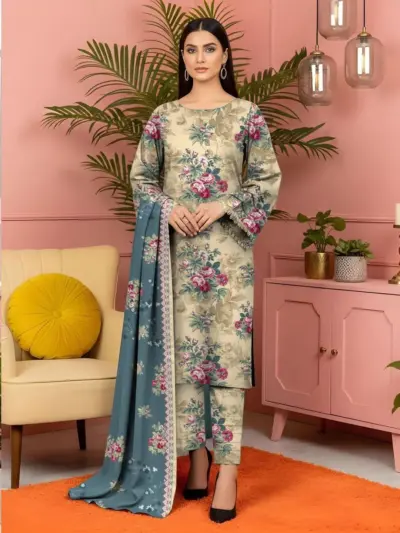 3 Pcs Women’s Unstitched Off White Printed Lawn Suit with Dupatta