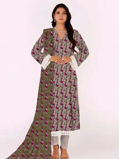 3 Pcs Women’s Unstitched Printed Lawn Suit with Dobby Lawn Dupatta – Pink