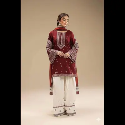 Women’s 3 Pcs Unstitched Embroidered Lawn Suit – Maroon | Shirt, Trouser & Digital Print Dupatta (2.5 Meter Each)