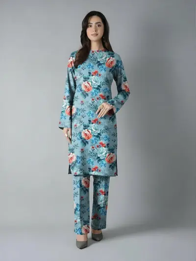 2 Pcs Women’s Unstitched Printed Dobby Lawn Suit – Blue