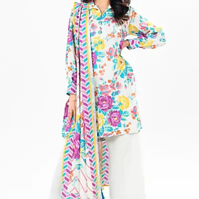 3 Pcs Women’s Unstitched Printed Suit – Dobby Lawn Shirt with Lawn Trouser & Dobby Lawn Dupatta – White