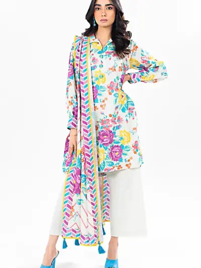 3 Pcs Women’s Unstitched Printed Suit – Dobby Lawn Shirt with Lawn Trouser & Dobby Lawn Dupatta – White
