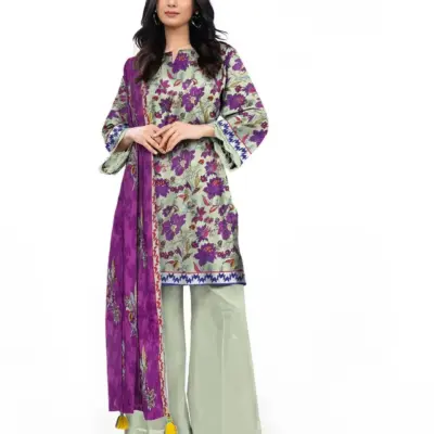 3 Pcs Women’s Unstitched Printed Suit – Dobby Lawn Shirt with Lawn Trouser & Dobby Lawn Dupatta – Green