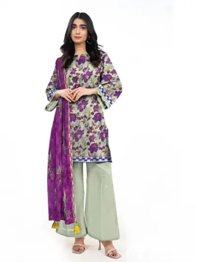 3 Pcs Women’s Unstitched Printed Suit – Dobby Lawn Shirt with Lawn Trouser & Dobby Lawn Dupatta – Green
