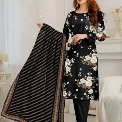 3 Pcs Women’s Unstitched Printed Suit – Blue Dobby Lawn Shirt with Lawn Trouser & Bamber Dupatta