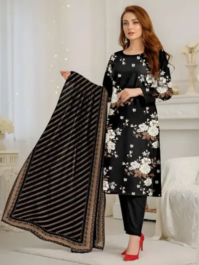 3 Pcs Women’s Unstitched Printed Suit – Blue Dobby Lawn Shirt with Lawn Trouser & Bamber Dupatta