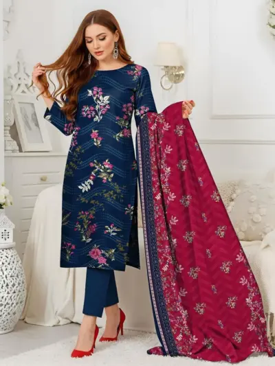 3 Pcs Women’s Unstitched Printed Suit – Blue Dobby Lawn Shirt with Lawn Trouser and Bamber Dupatta