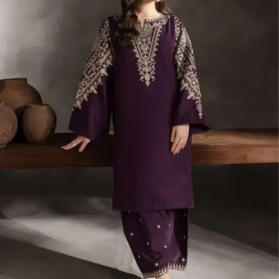 2 Pcs Women’s Unstitched Embroidered Lawn Suit – Purple Shirt & Trouser
