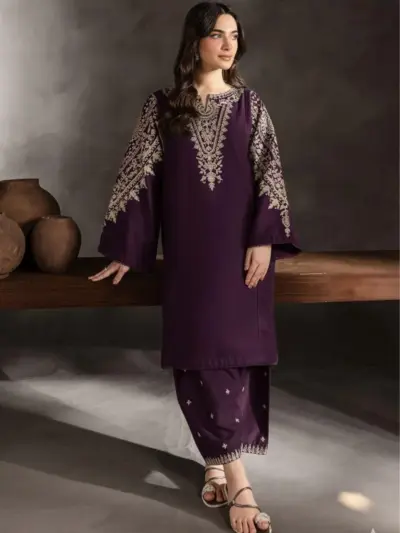 2 Pcs Women’s Unstitched Embroidered Lawn Suit – Purple Shirt & Trouser