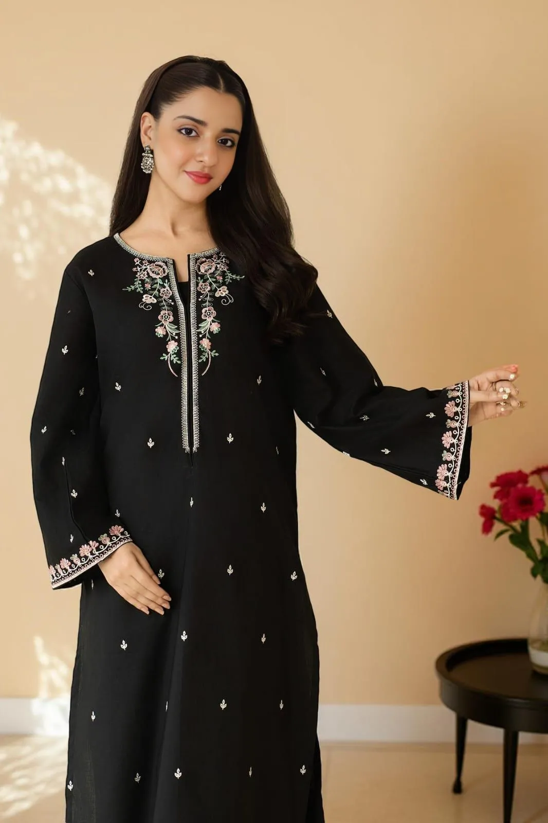2 Pcs Women’s Unstitched Embroidered Lawn Suit – Black Shirt & Trouser