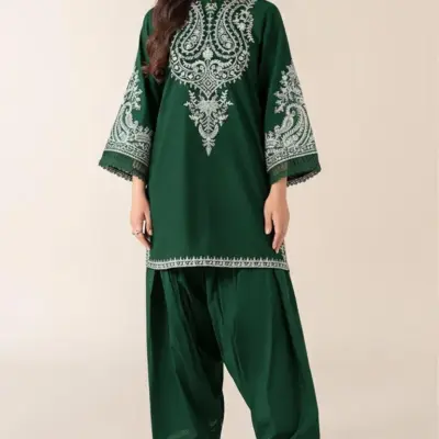 2 Pcs Women’s Unstitched Embroidered Lawn Suit – Green | 2.5 Meter Shirt & Trouser