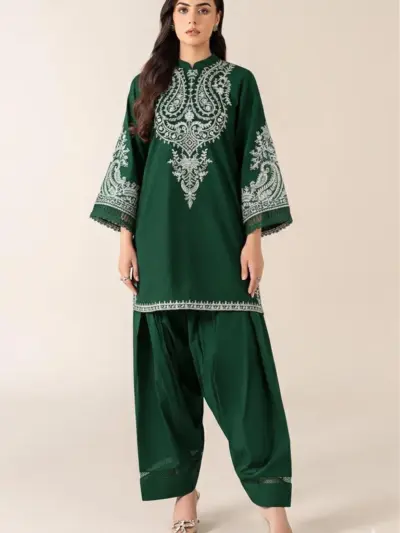 2 Pcs Women’s Unstitched Embroidered Lawn Suit – Green | 2.5 Meter Shirt & Trouser