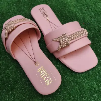 Women’s Synthetic Leather Rhinestone Fancy Flip Flop – Pink | Sizes 6–10