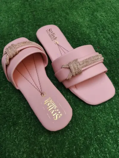 Women’s Synthetic Leather Rhinestone Fancy Flip Flop – Pink | Sizes 6–10