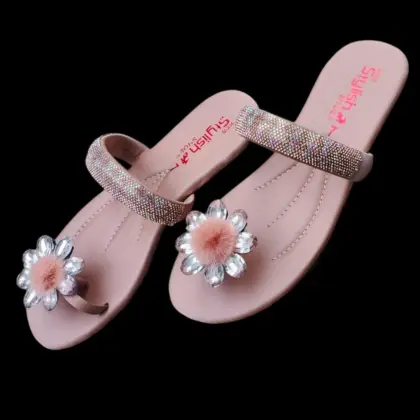 Women’s Pink Synthetic Leather Fancy Flats – Rhinestone Design, Sizes 6–10