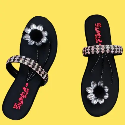 Women’s Black Synthetic Leather Fancy Flats – Rhinestone Design, Sizes 6–10