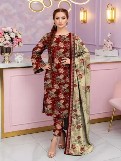 3 Pcs Women’s Unstitched Printed Suit Dobby Lawn Maroon