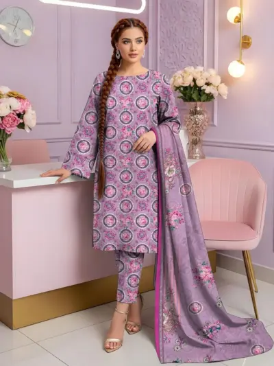 3 Pcs Women’s Unstitched Printed Suit Dobby Lawn Pink