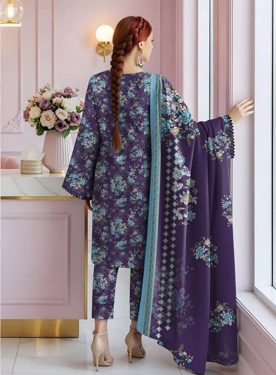 3 Pcs Women’s Unstitched Printed Suit Dobby Lawn Purple