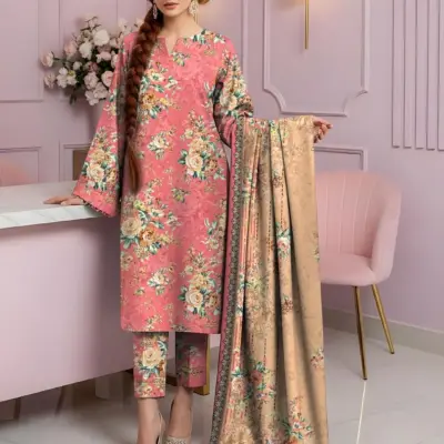 3 Pcs Women’s Unstitched Printed Suit Dobby Lawn Pink