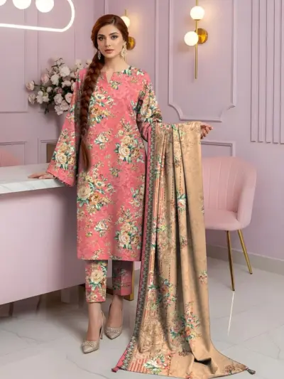 3 Pcs Women’s Unstitched Printed Suit Dobby Lawn Pink