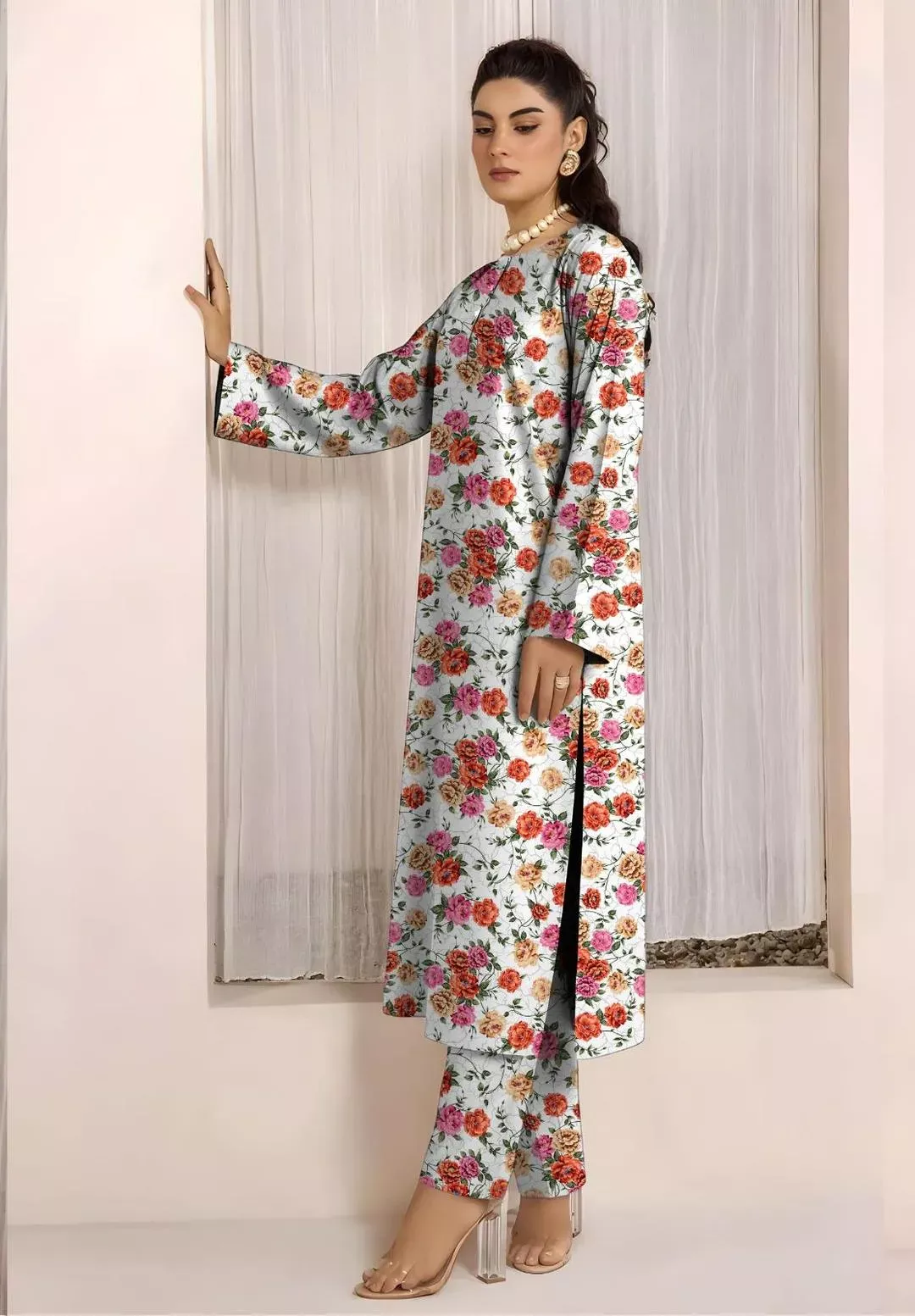 2 Pcs Women’s Unstitched Printed Lawn Suit – White