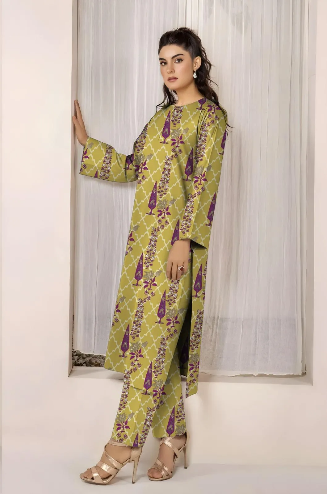 2 Pcs Women’s Unstitched Printed Lawn Suit Yellow