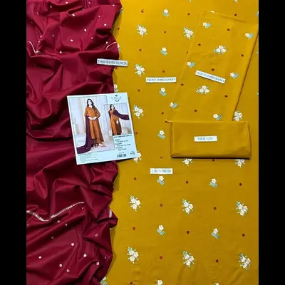Mustard 3-Piece Women’s Unstitched Embroidered Lawn Suit – Shirt, Trouser & Digital Print Dupatta