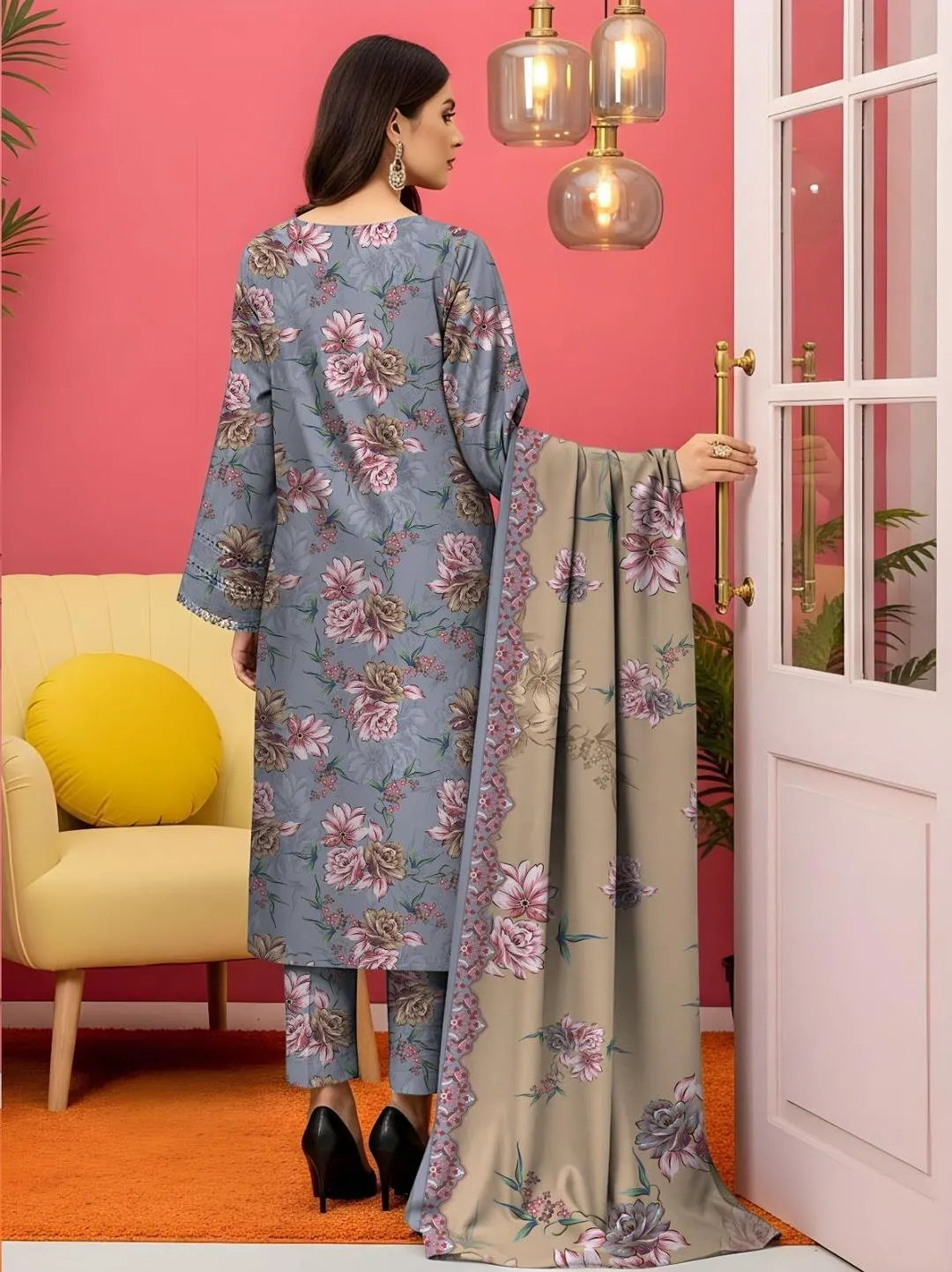 3 Pcs Women's Unstitched Printed Lawn Suit Grey