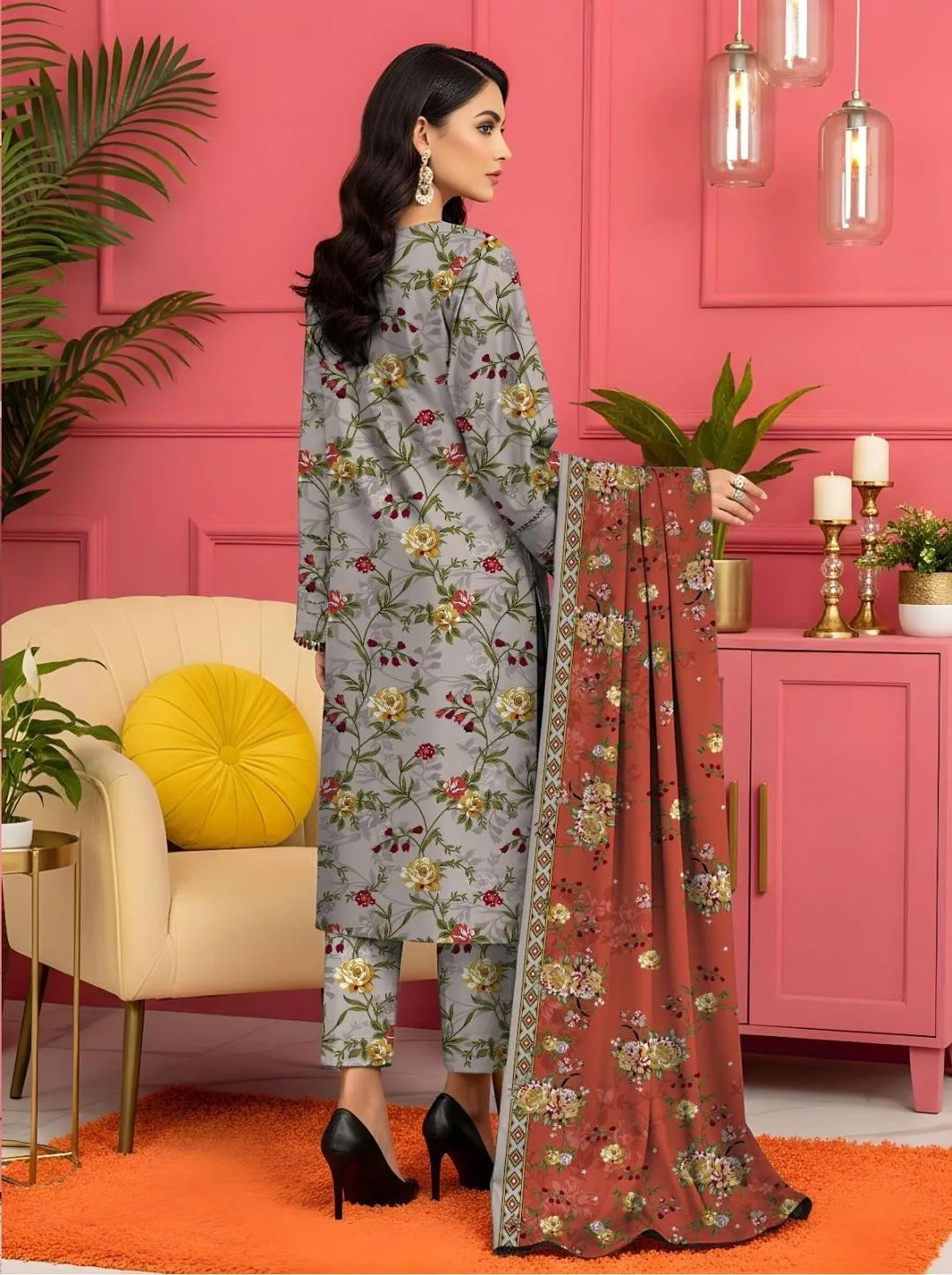 3 Pcs Women's Unstitched Printed Lawn Suit Grey