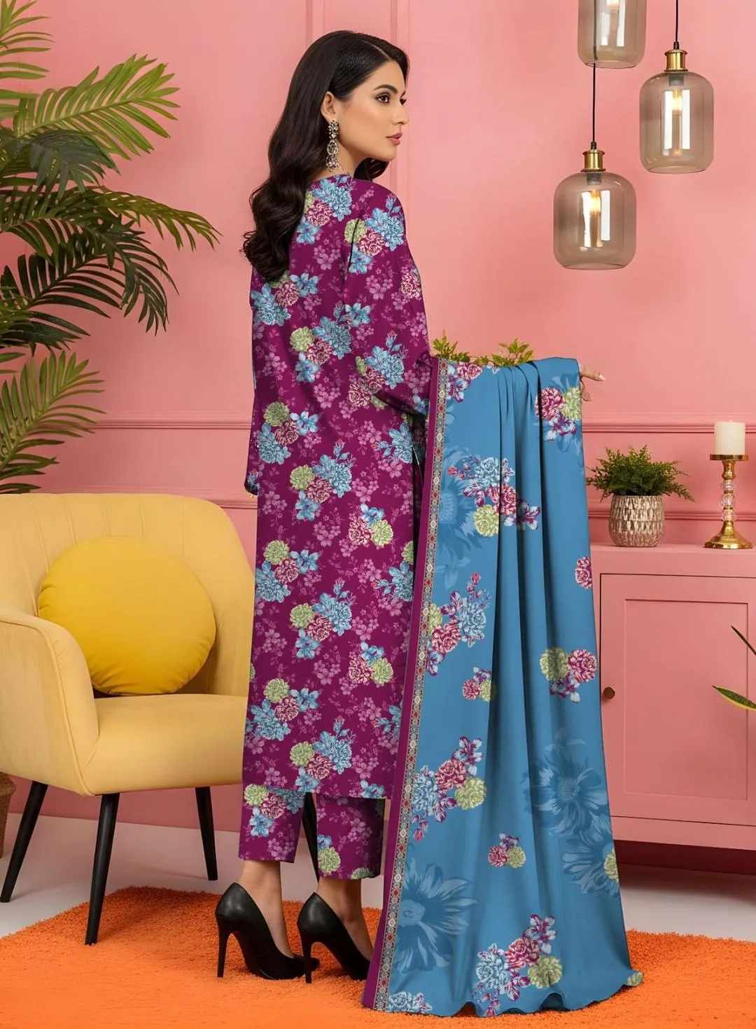 3 Pcs Women's Unstitched Printed Lawn Suit Pink