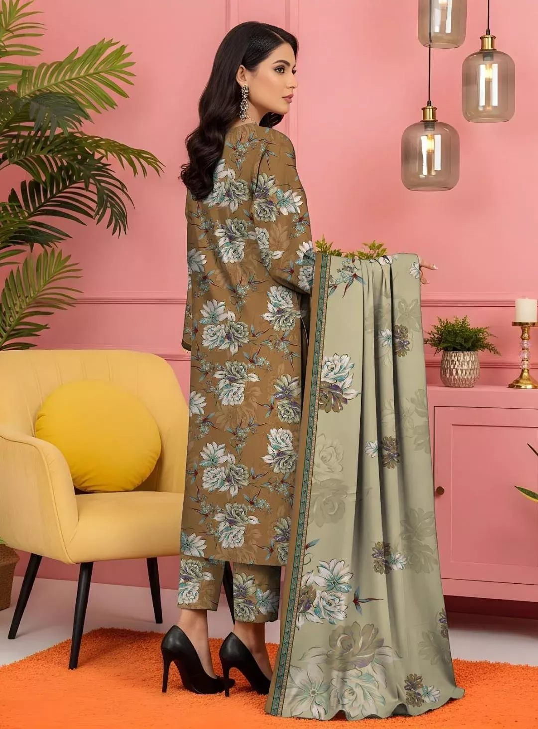 3 Pcs Women’s Unstitched Printed Lawn Suit – Brown