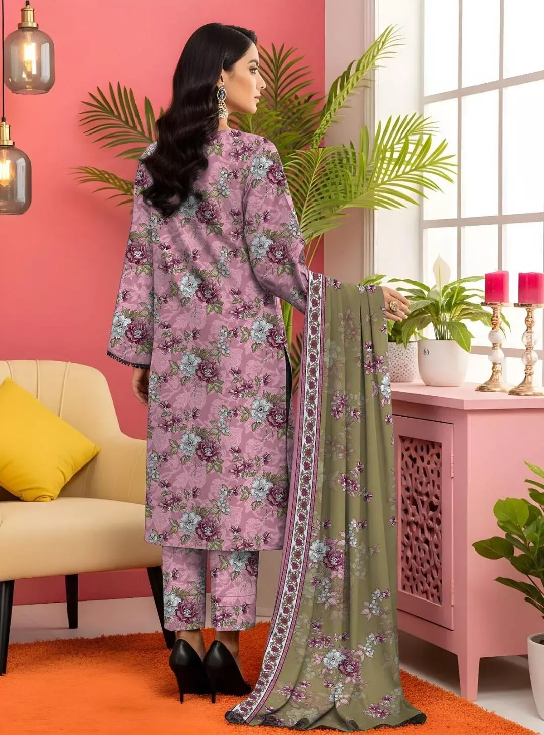 3 Pcs Women’s Unstitched Printed Lawn Suit – Pink