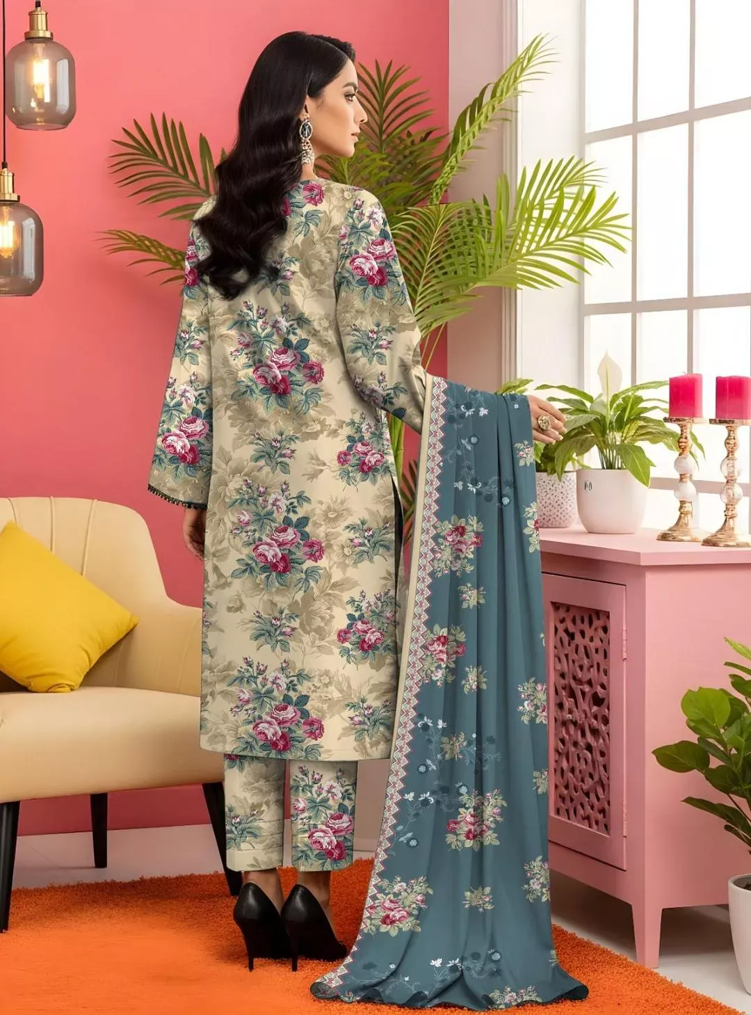 3 Pcs Women’s Unstitched Off White Printed Lawn Suit with Dupatta