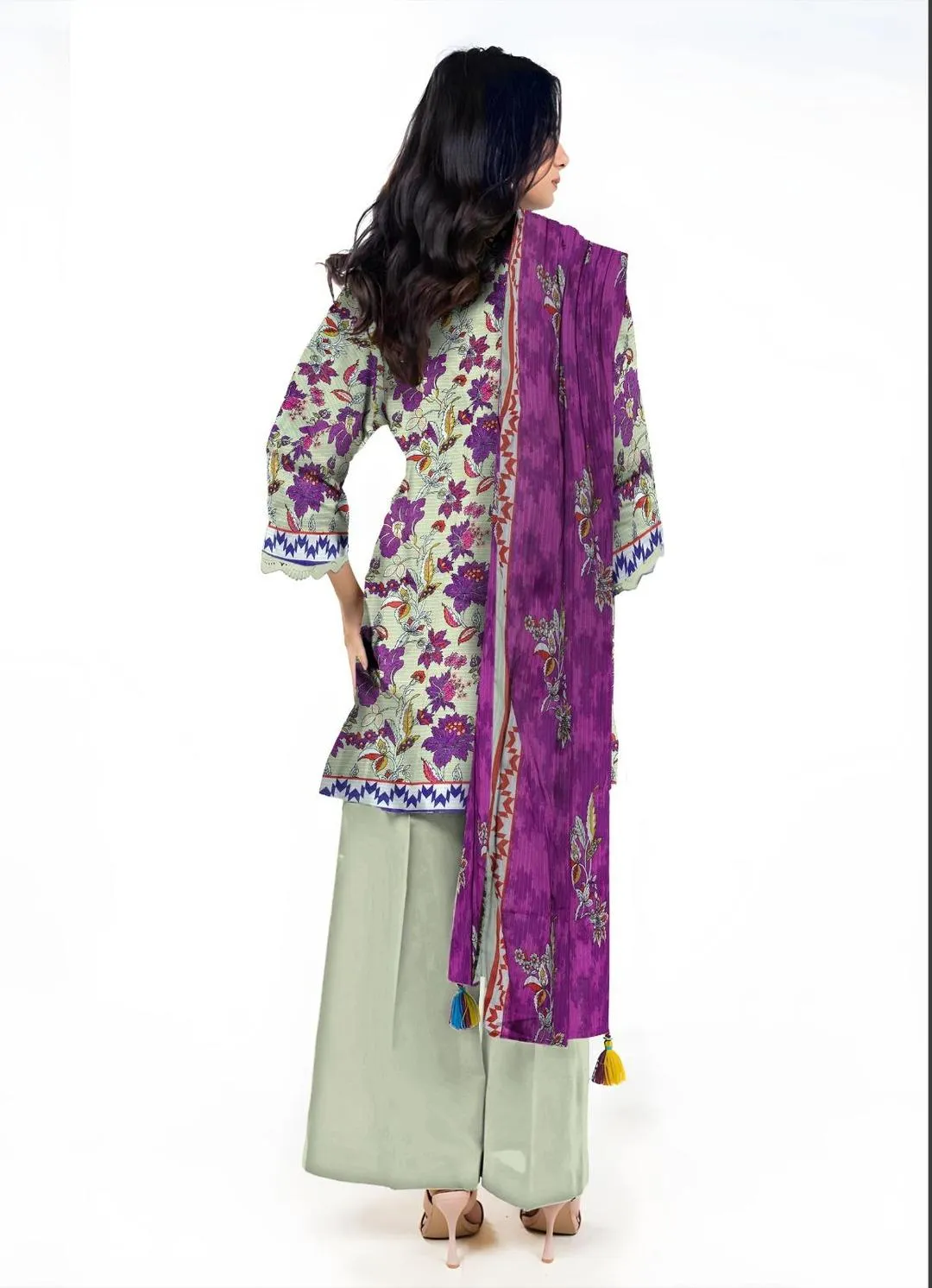 3 Pcs Women’s Unstitched Printed Suit – Dobby Lawn Shirt with Lawn Trouser & Dobby Lawn Dupatta – Green