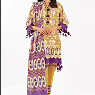 3 Pcs Women’s Unstitched Printed Suit – Green Dobby Lawn Shirt with Lawn Trouser & Dobby Lawn Dupatta