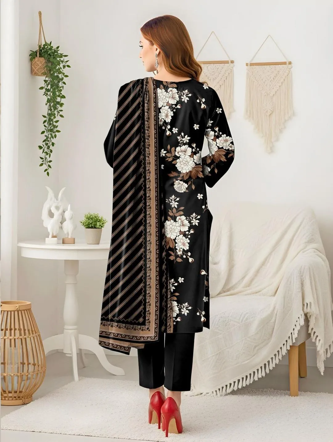 3 Pcs Women’s Unstitched Printed Suit – Blue Dobby Lawn Shirt with Lawn Trouser & Bamber Dupatta