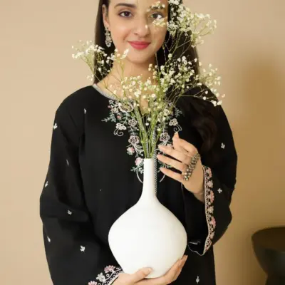 2 Pcs Women’s Unstitched Embroidered Lawn Suit – Black Shirt & Trouser