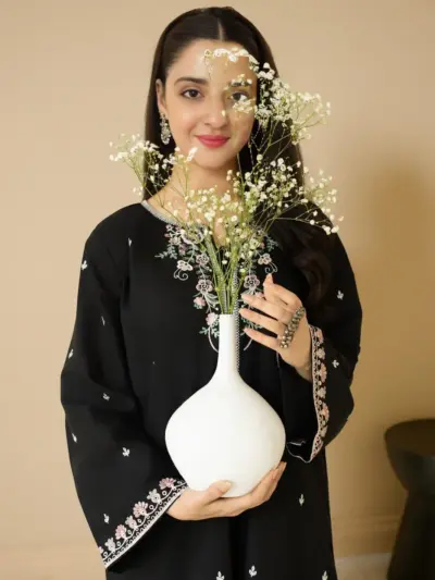 2 Pcs Women’s Unstitched Embroidered Lawn Suit – Black Shirt & Trouser